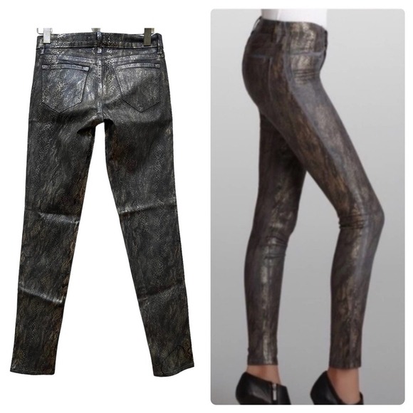 J. Brand Black Golden Snakeskin Coated Legging Jean Size 26 Edgy Club Night Life - Picture 3 of 12